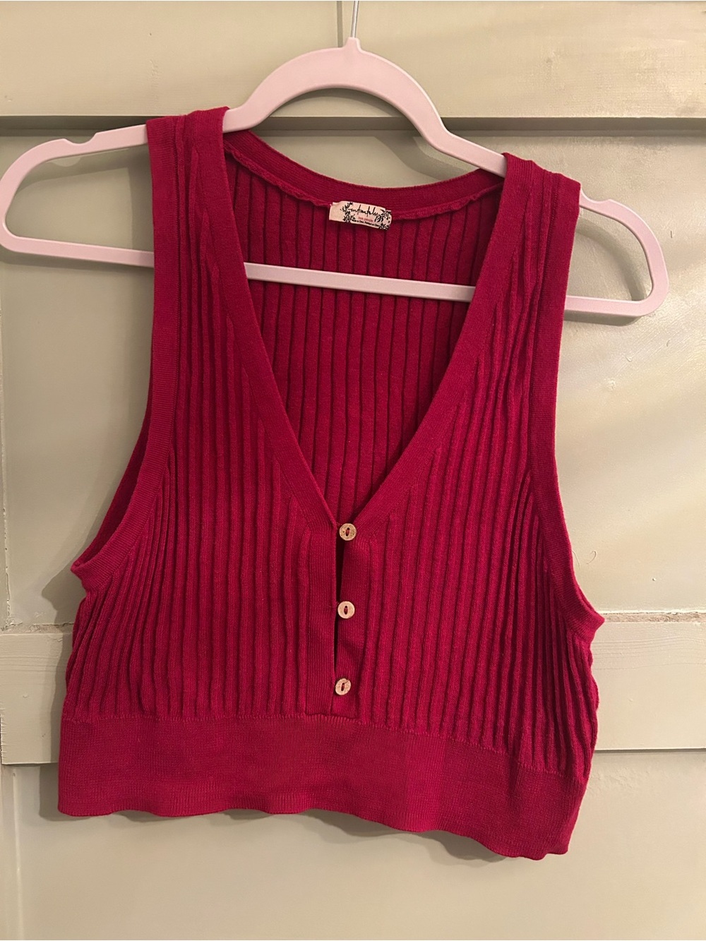 Free People Ribbed V-Neck Button Crop Tank - Berry